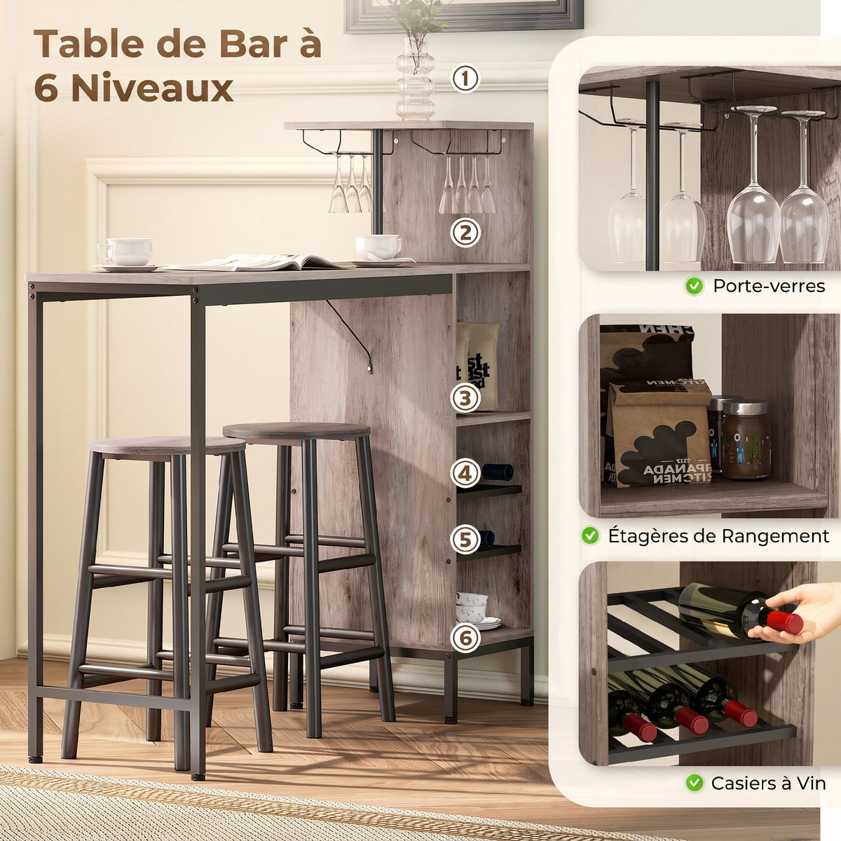 Ensemble table de bar avec tabourets, table à manger debout avec 2 chaises de bar étagères, casiers à vin, gris