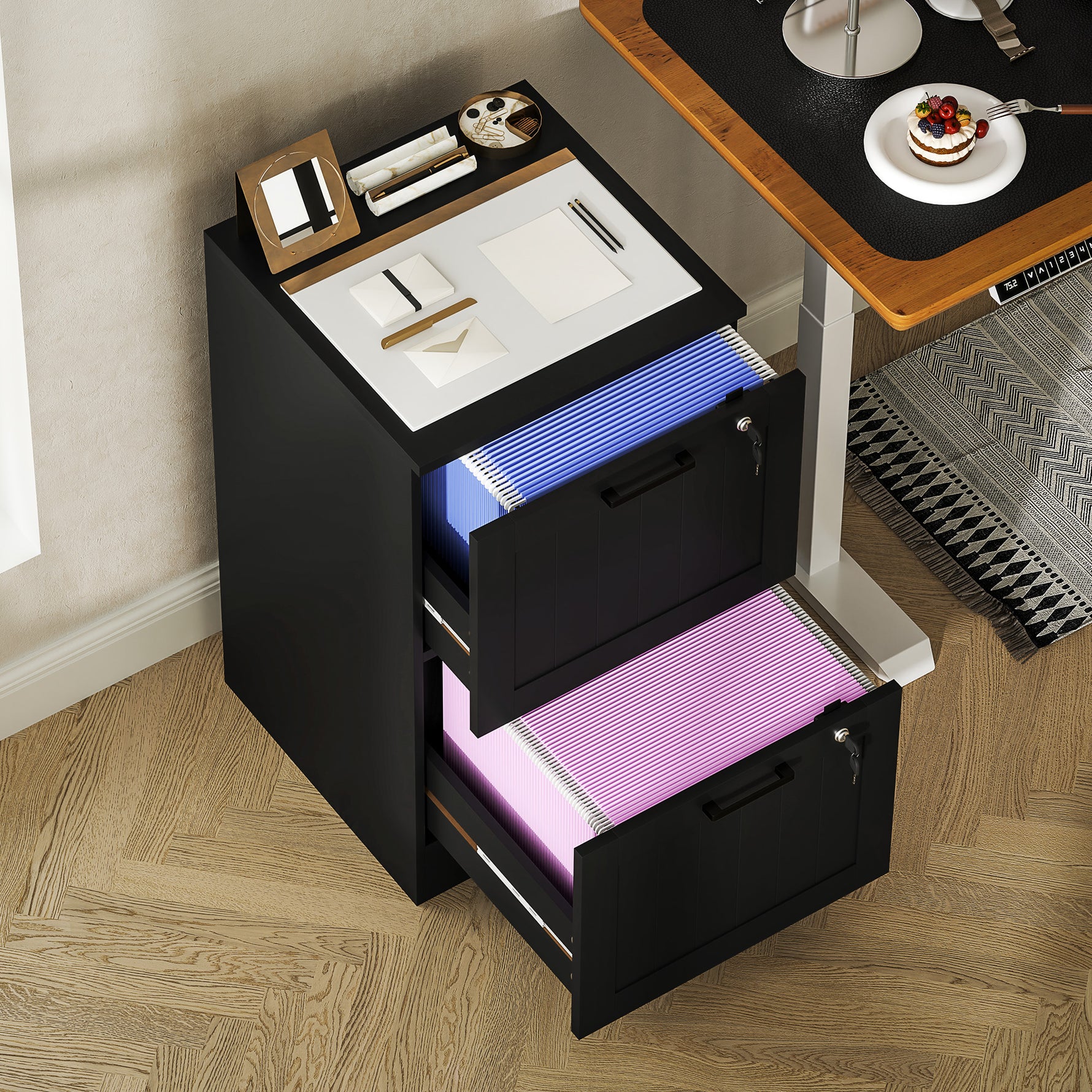 Caisson bureau, meuble rangement bois 2 tiroirs et serrure, barres de suspension réglables, 40 x 40 x 71 cm, noir