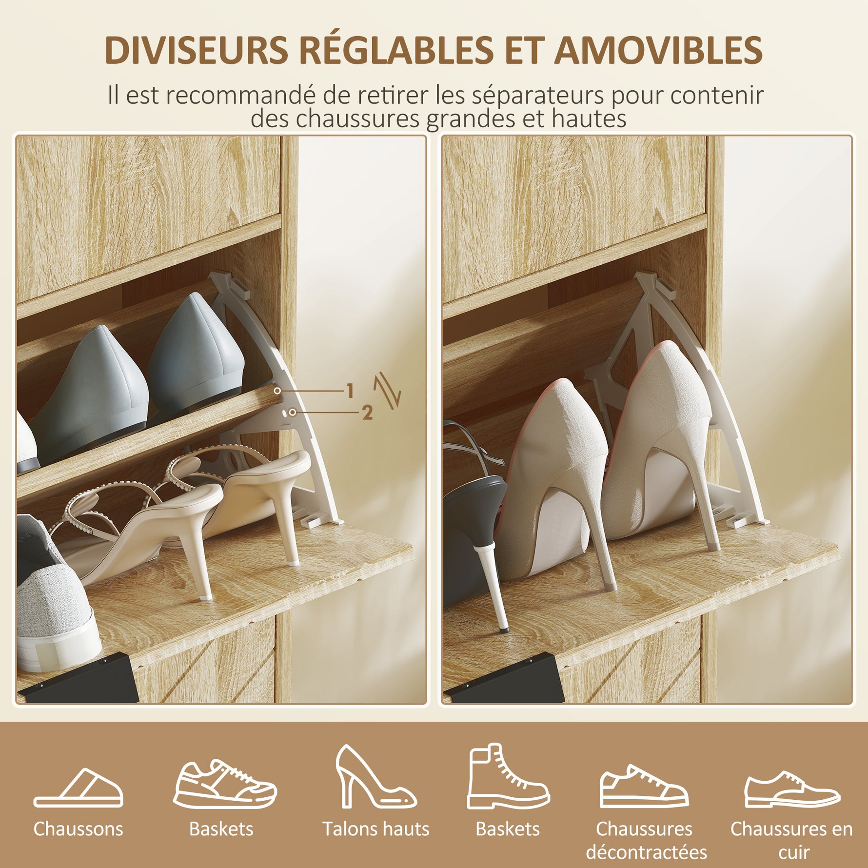Meuble à chaussures 8 paires avec tiroir coulissant, 2 tiroirs rabattables, étagères réglables, 60x24x105,5cm, chêne