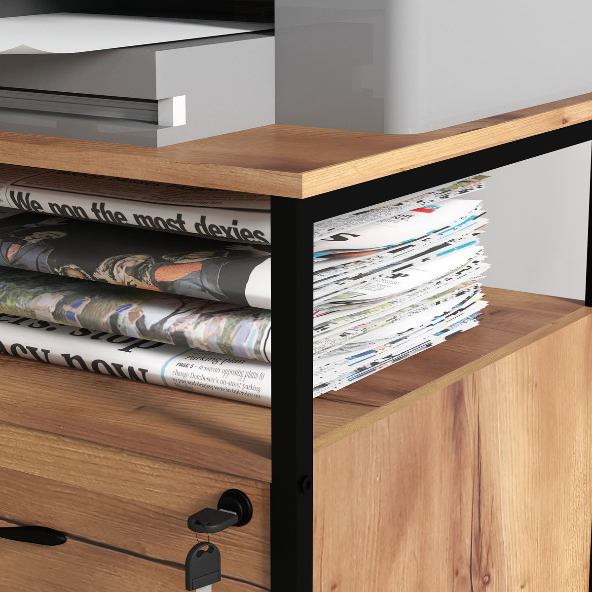 Caisson bureau mobile avec 2 tiroirs, meuble rangement bureau sur roulettes avec barres pour dossiers, marron