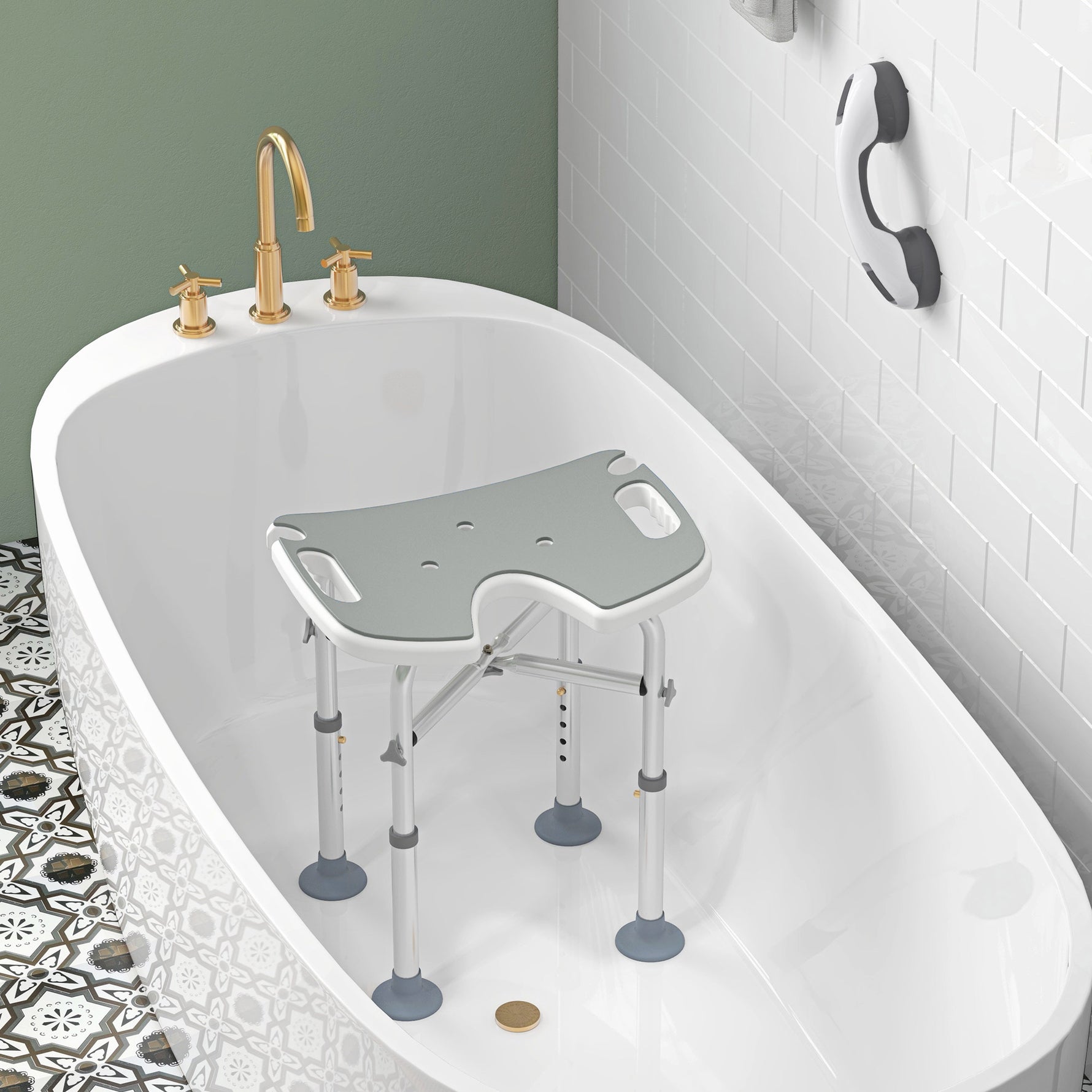 Tabouret de douche siège de douche hauteur ajustable 39-51,5 cm barre d'appui à ventouse patins à ventouse gris