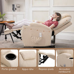 Sillón de lujo de relax y masaje, reclinable, con reposapiés eléctrico y tapizado sintético color crema