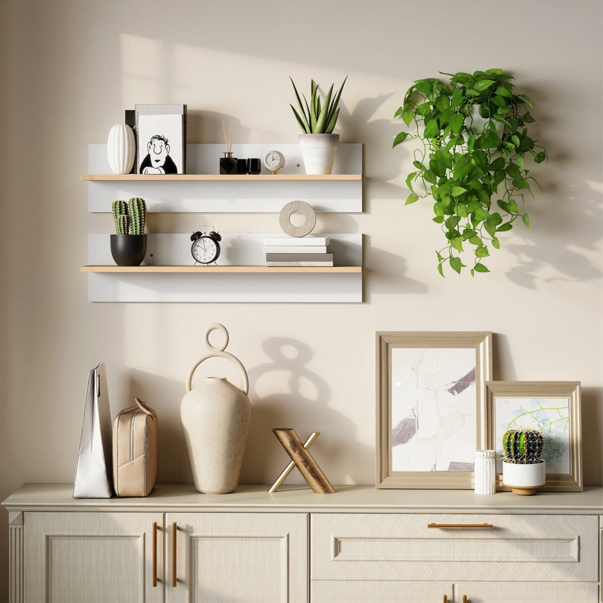 Lot de 2 étagères murales de 80 cm, étagères flottantes pour salon, entrée, chambre et cuisine, blanc et bois naturel