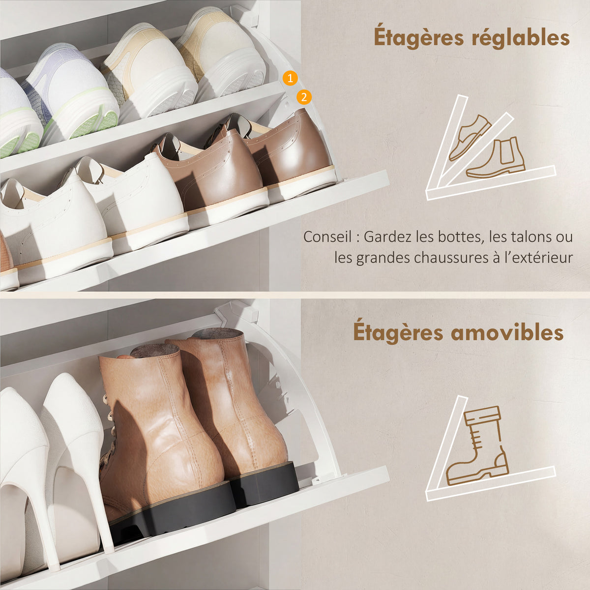 Armoire à Chaussures 3 Portes abattantes 2 Compartiments Panneaux Particules Blanc chêne