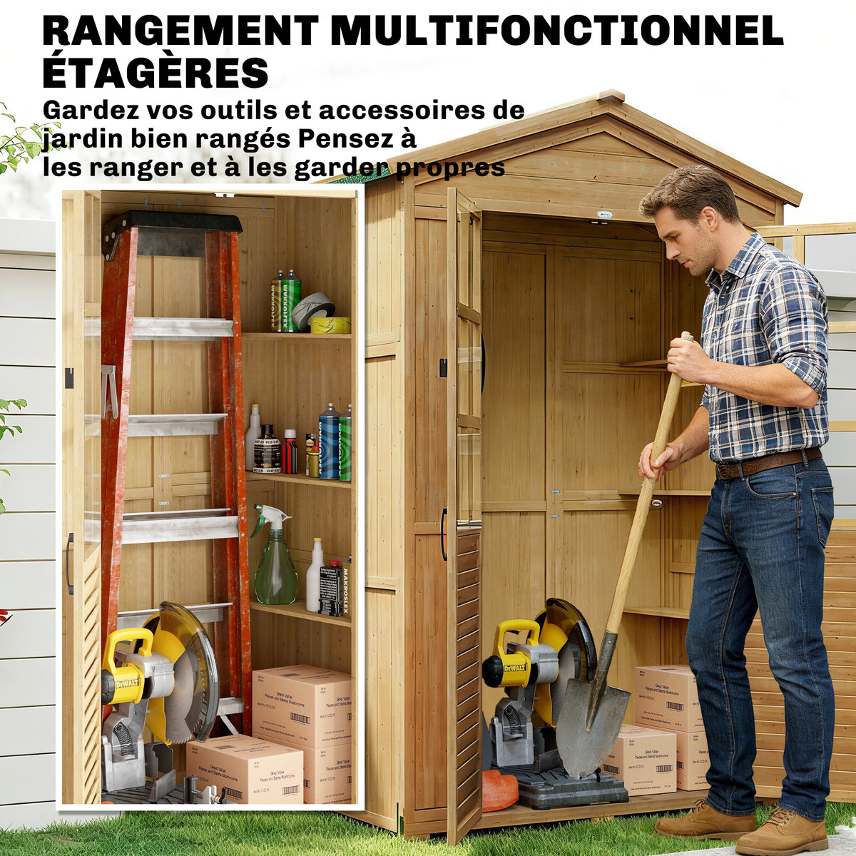 Abri de jardin Armoire de jardin pour outils avec Étagères et Fenêtres en Acrylique, 128 x 57,5 x 197 cm marron clair