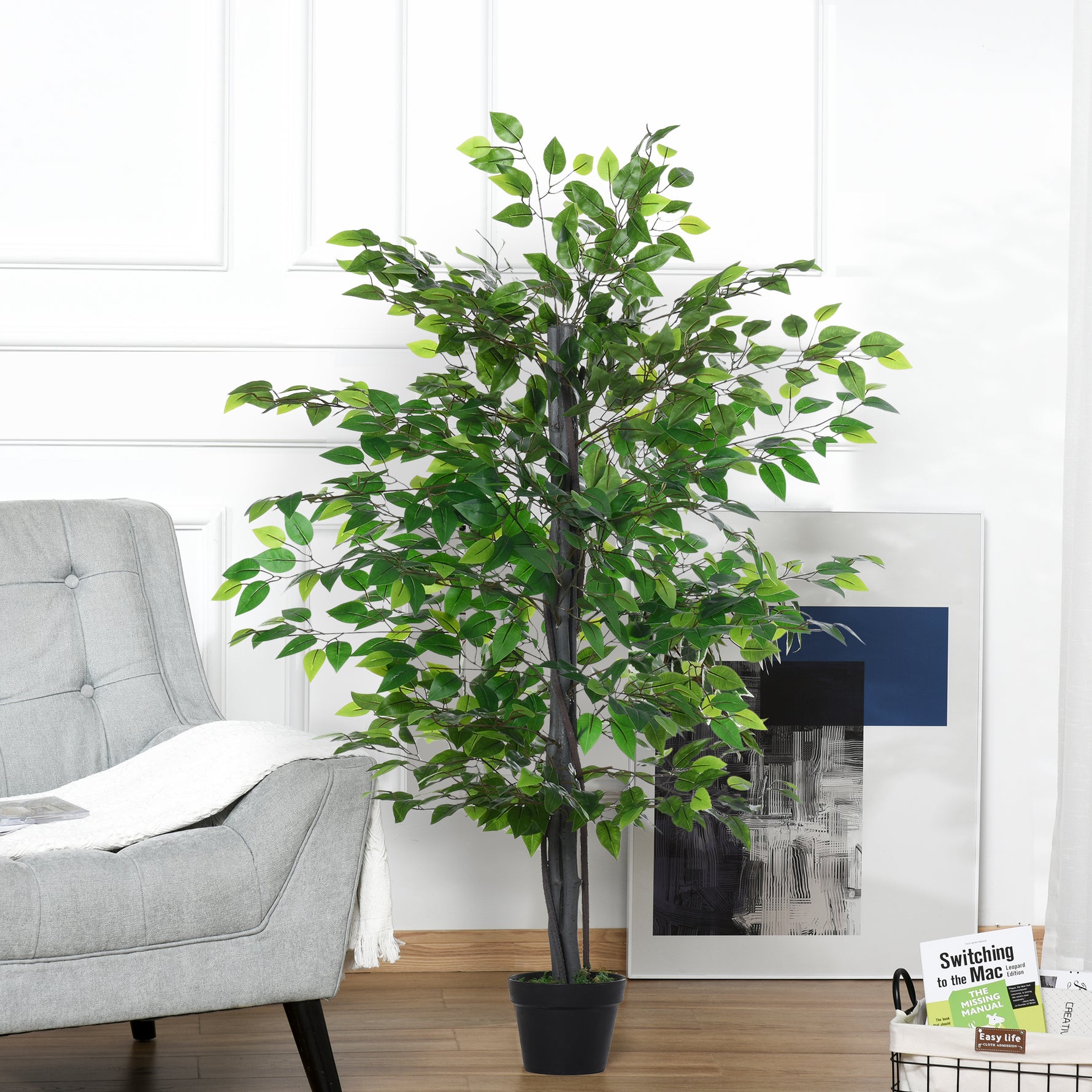 Arbre Artificiel Plante Artificielle ficus H.1,45 m Tronc Branches Liane Lichen Feuilles Grand réalisme Pot Inclus