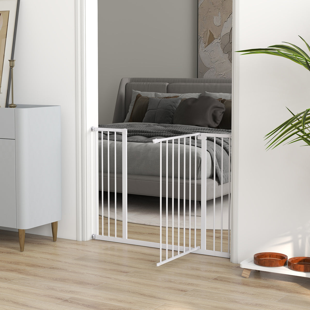 Adjustable Dog Safety Gate 76-107 cm, with 2 Extensions (10/15 cm), One-Handed Opening, No Drilling Required, White