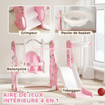 Scivolo e altalena 4 in 1 per bambini con canestro da basket, scivolo, altalena, 147,5x160x107cm, rosa