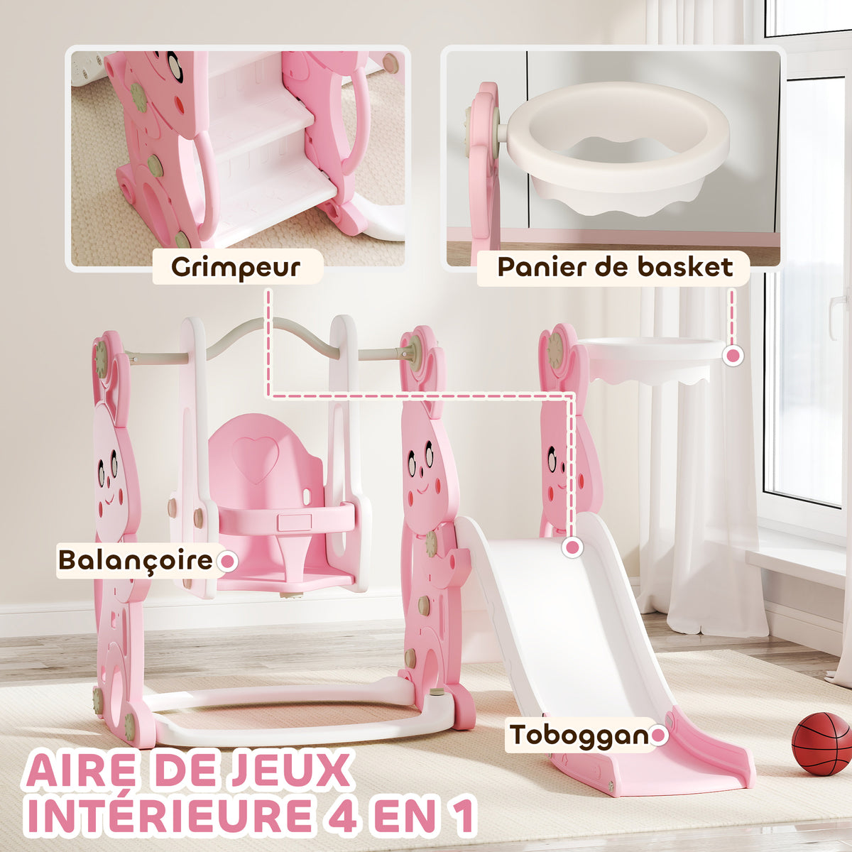 Scivolo e altalena 4 in 1 per bambini con canestro da basket, scivolo, altalena, 147,5x160x107cm, rosa