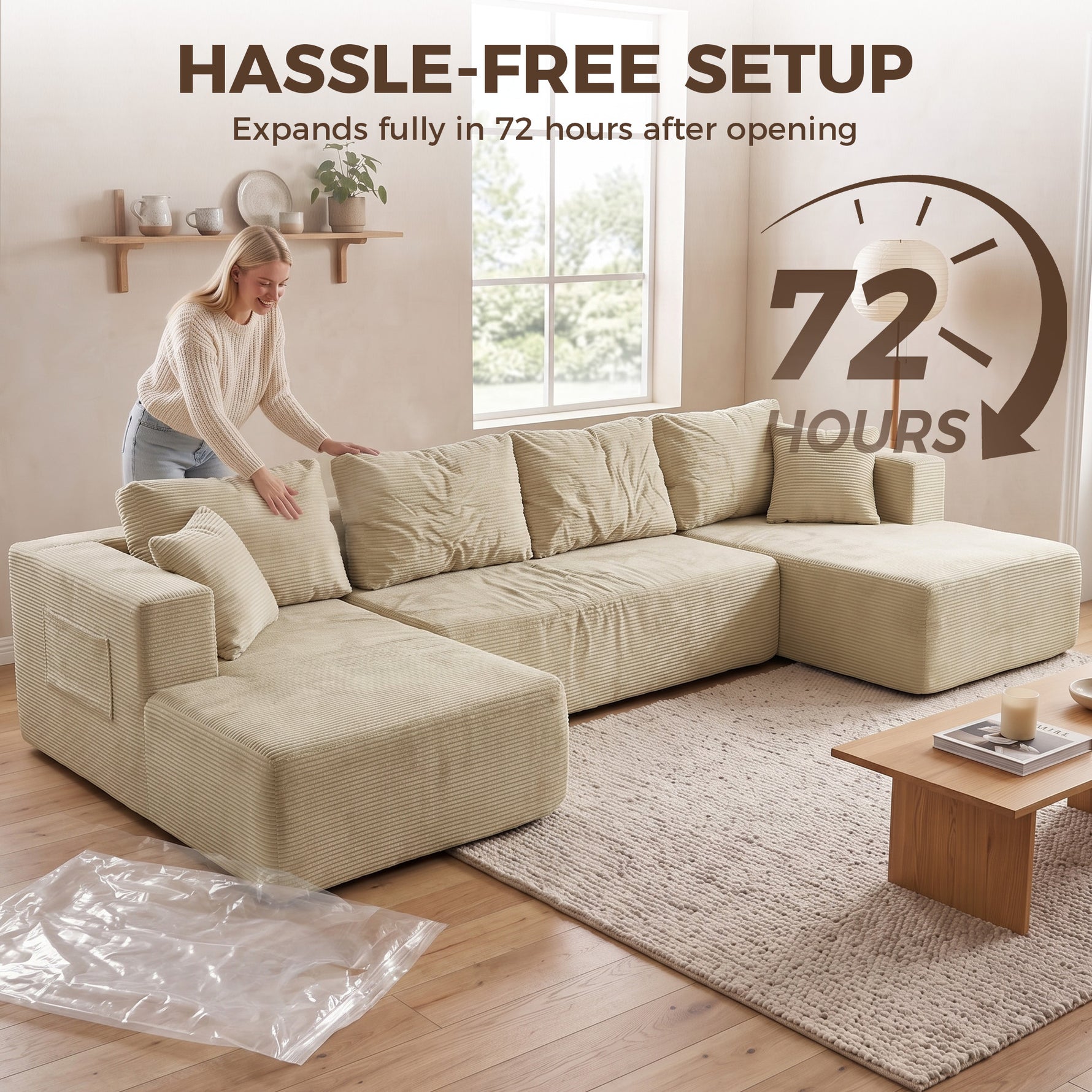 Canapé Modulaire en U Compressé 337 cm, Canapé Convertible 4 places en Velours Côtelé, Assise Large, Crème