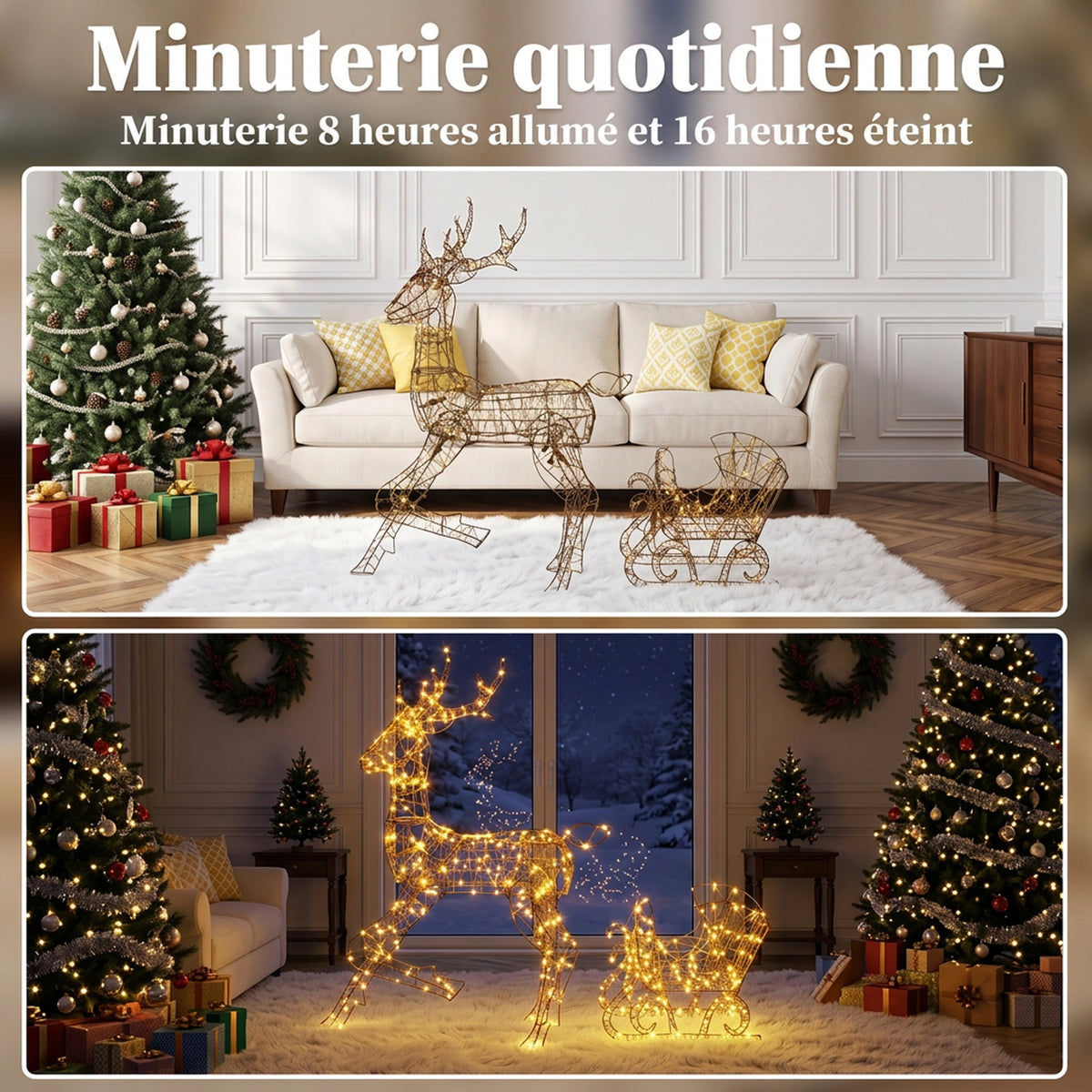 Renna di Natale con Slitta Luminosa 2 Pezzi in Rattan PP, 175 LED Bianco Caldo, 8 Modalità, Timer, 82x32x120cm, Marrone
