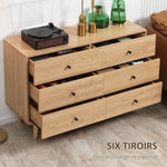 Commode 6 tiroirs meuble de rangement pieds en bois massif 120 x 40 x 80 cm marron clair