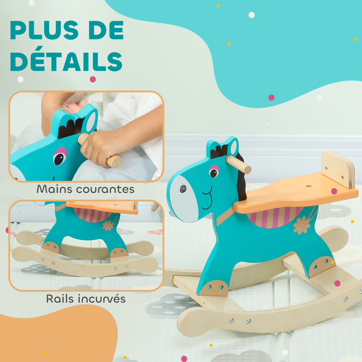 Cavallo a dondolo per bambini, asino giocattolo a dondolo per neonati in legno con manubrio e base stabile, 59 x 27 x 43 cm, verde scuro