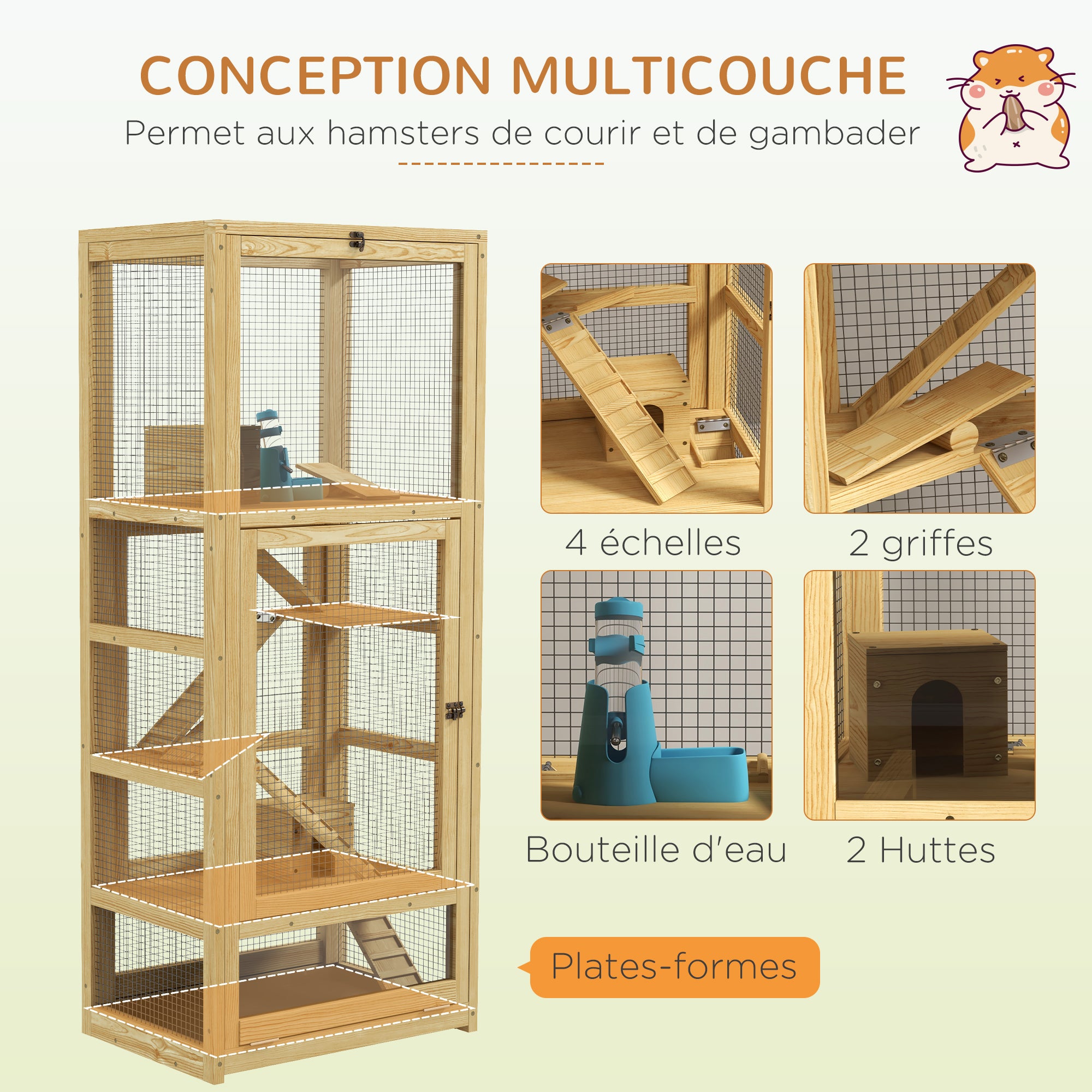 Jaula de madera para hámsteres o animales pequeños de 5 niveles con escalera, casita y columpio, 54 x 38 x 131 cm, color natural