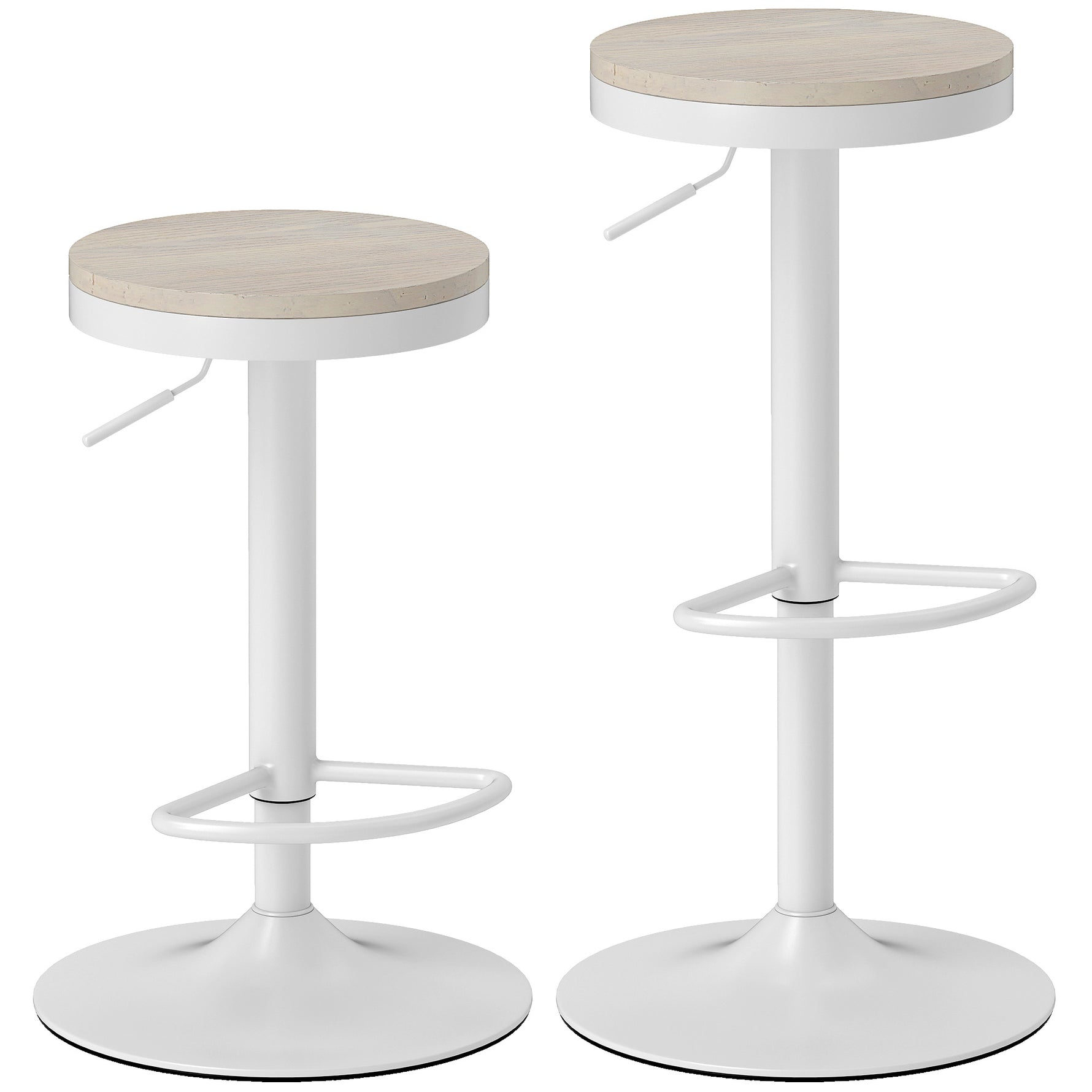 Lot de 2 tabourets de bar, chaises de bar pivotantes avec assise en hévéa, hauteur réglable et repose-pieds, blanc