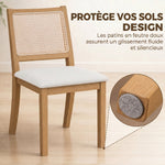 Lot de 2 chaises de salle à manger, chaises de cuisine avec assise rembourrée, dossier effet rotin, crème et chêne