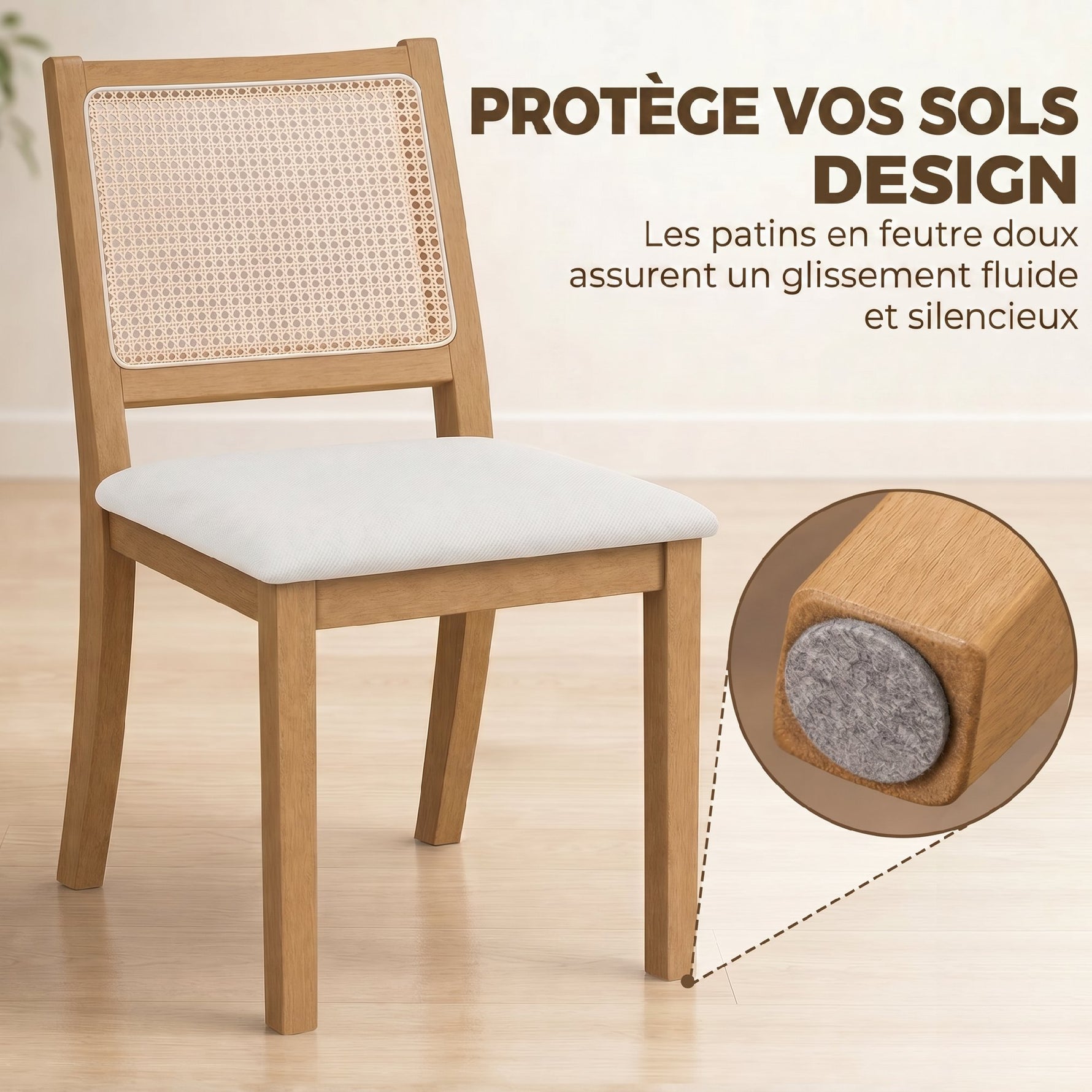 Lot de 2 chaises de salle à manger, chaises de cuisine avec assise rembourrée, dossier effet rotin, crème et chêne