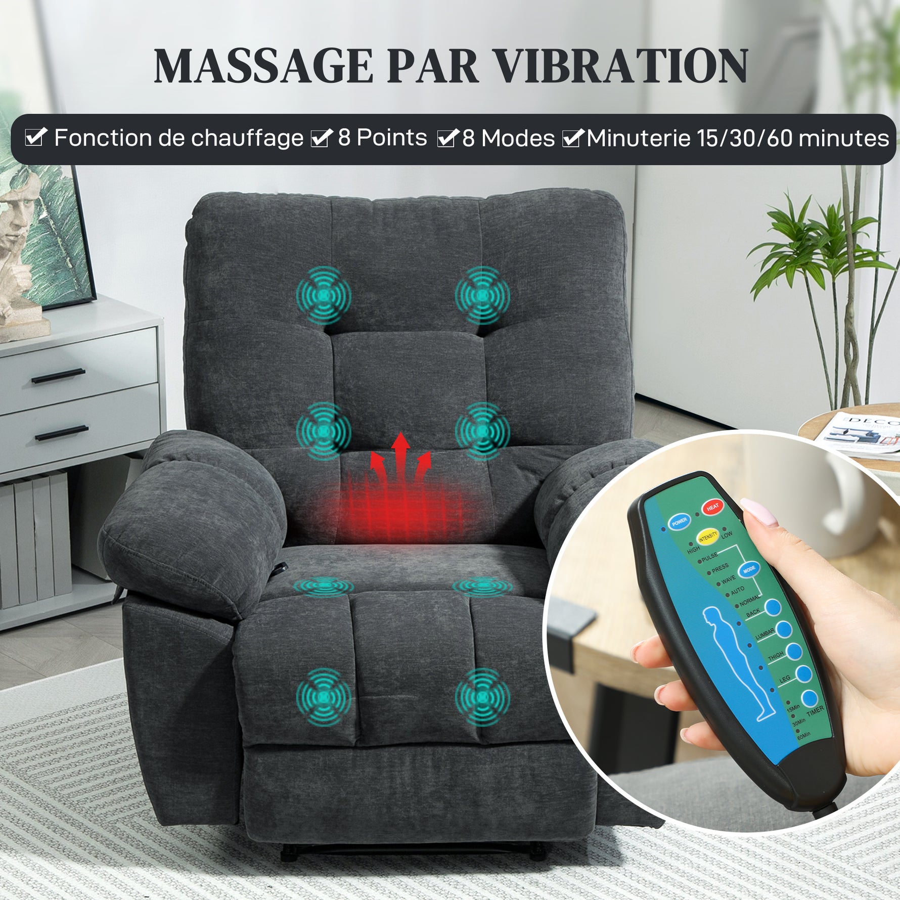 Fauteuil de massage fauteuil relax avec vibration chauffage, inclination manuelle, télécommande inclus, gris