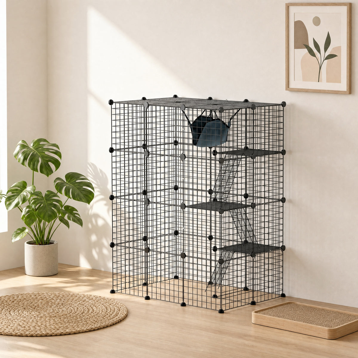 Indoor-Katzenkäfig, 4-stöckiger DIY-Katzenlaufstall aus Stahl mit 5 Türen und Hängematte, für 1-3 Katzen, 105 x 70 x 140 cm, Schwarz