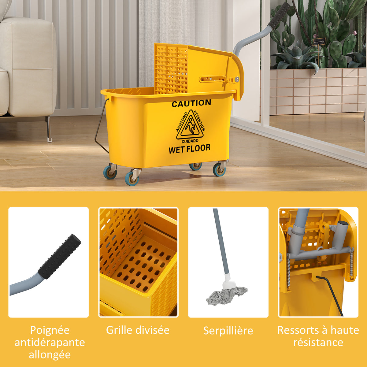 Chariot de ménage chariot de lavage essoreuse latérale seau 20 L, poignée et serpillère, 45 x 26,5 x 70 cm, jaune