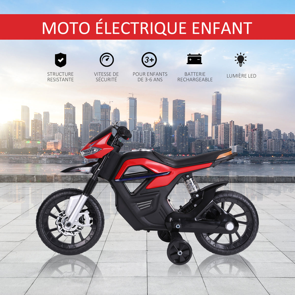 Moto électrique pour Enfants de 3-6 ans 25 W 6 V 3 Km/h Effets Lumineux et sonores roulettes Amovibles Charge max. 30 kg Rouge