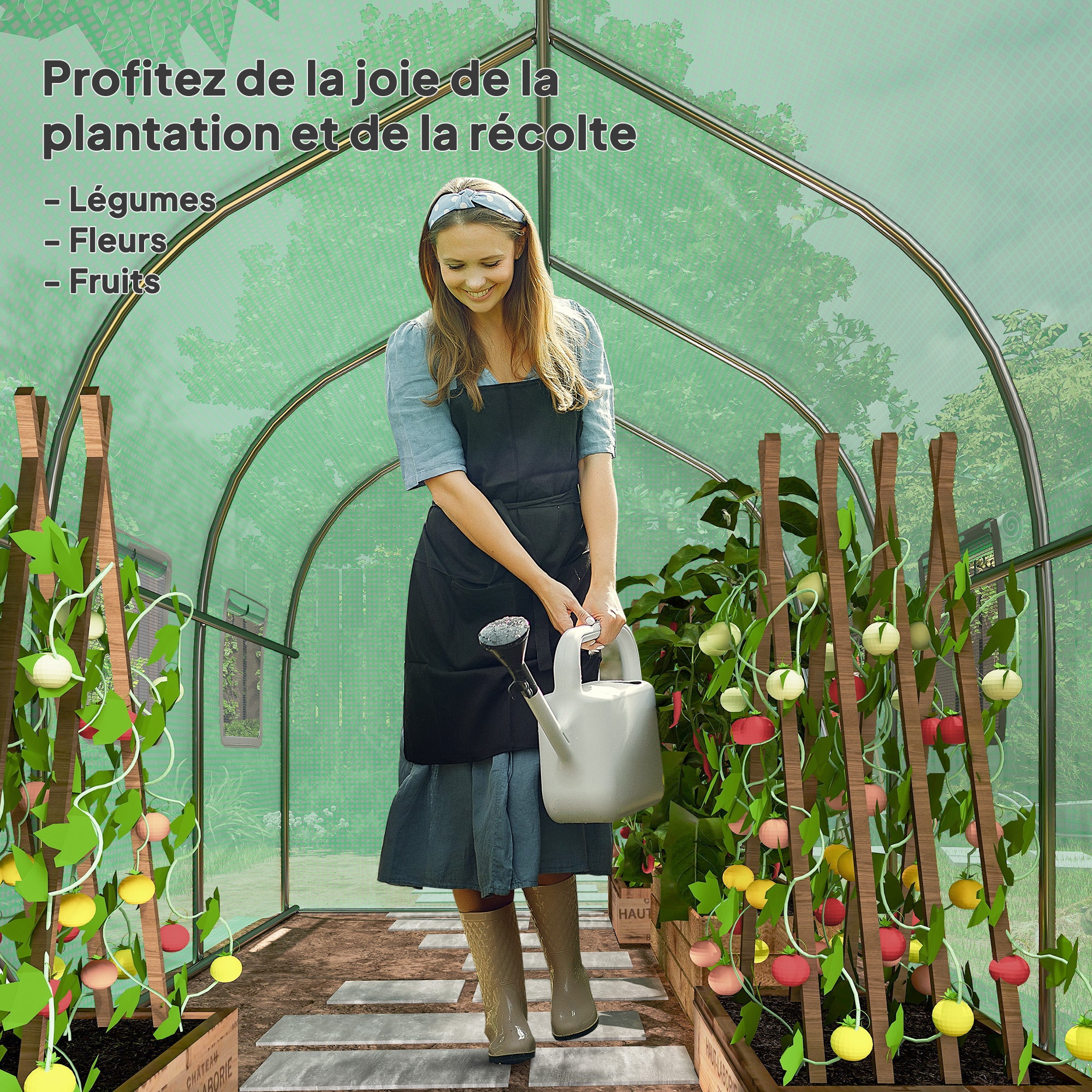 Serre de jardin tunnel serres tunnel 6 m² avec 6 fenêtres porte à fermeture éclair toile PE structure fer galvanisé vert
