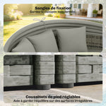 Lettino prendisole rotondo, letto da giardino modulabile 3 pezzi in polyrattan con tettuccio retrattile, grigio chiaro