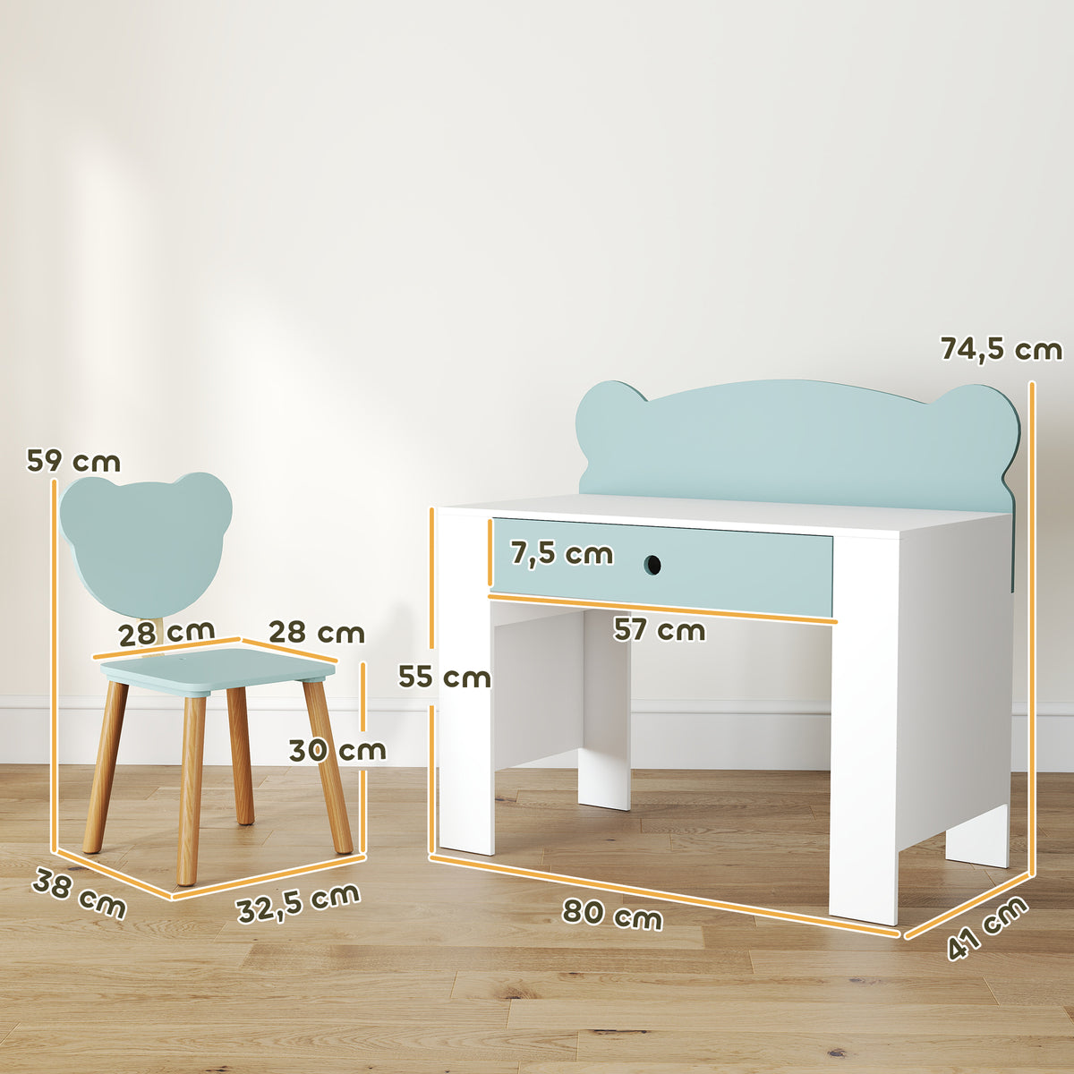 Bureau enfant avec chaise, table enfant et chaise avec tiroir et large plateau, 80 x 41 x 74,5 cm, vert