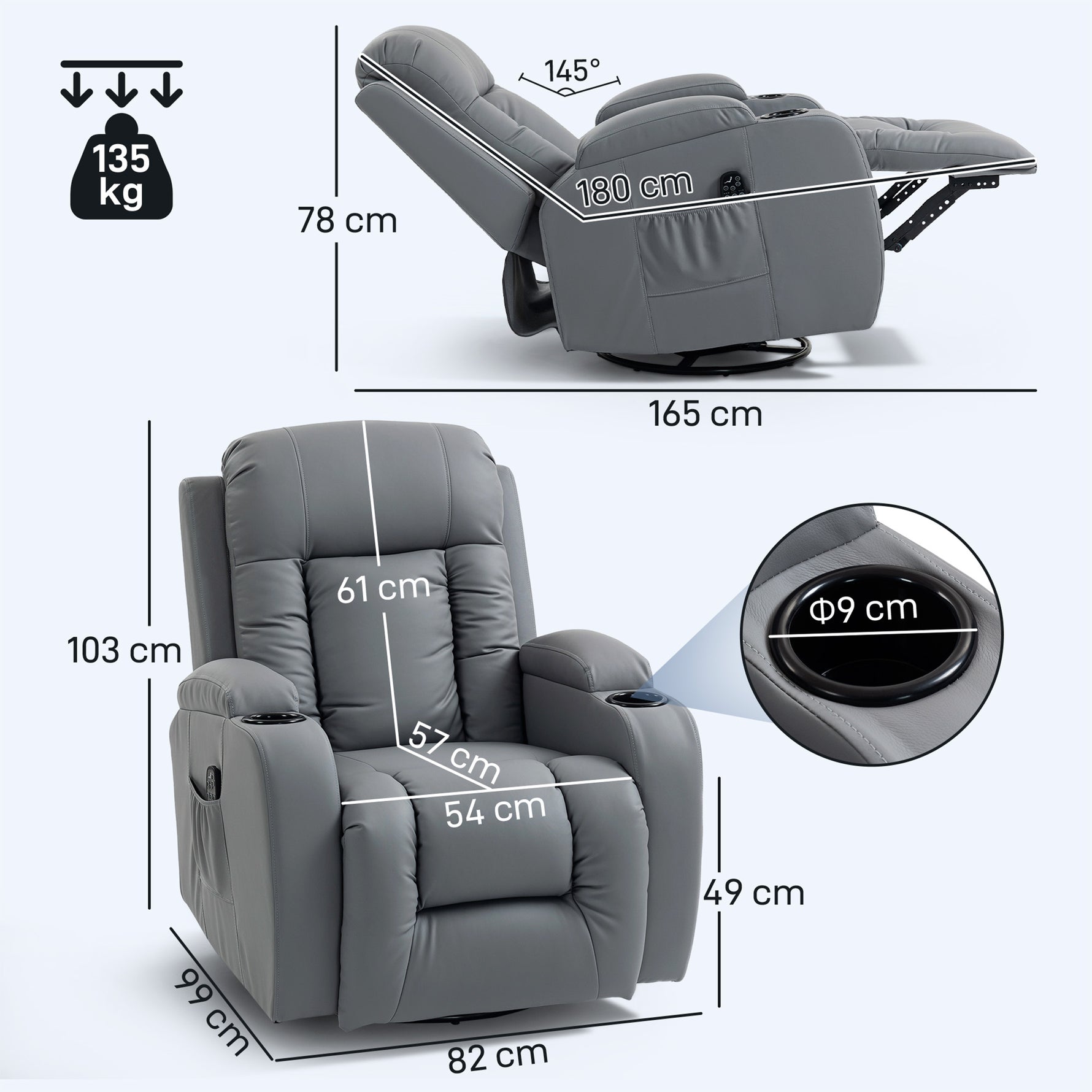 Fauteuil Inclinable de Massage et Chauffage, Fauteuil de Relaxation, Dossier Réglable, Pivotant, 82x99x103cm, Gris Clair
