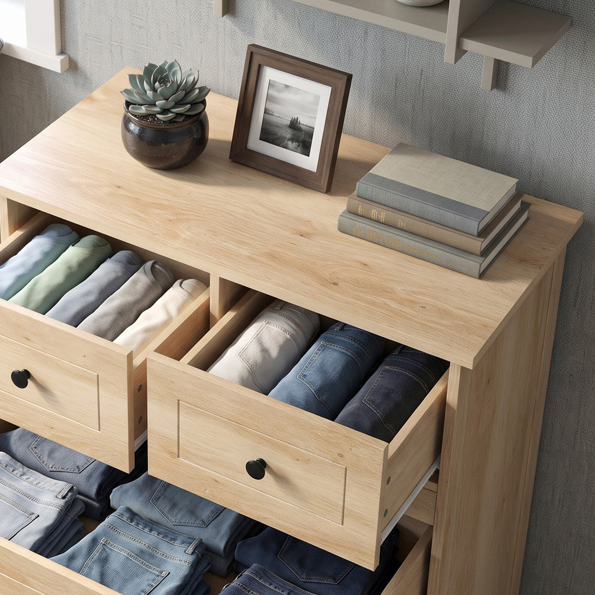 Commode meuble de rangement 5 tiroirs pour chambre, bureau, entrée, chêne et poignée métal noir