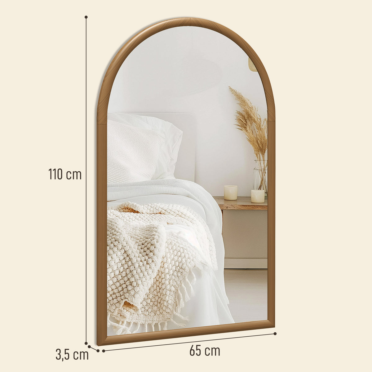 Miroir mural arche, 110 x 65 cm Cadre en bois, Miroir arqué pour le salon, la chambre, l'entrée, brun foncé