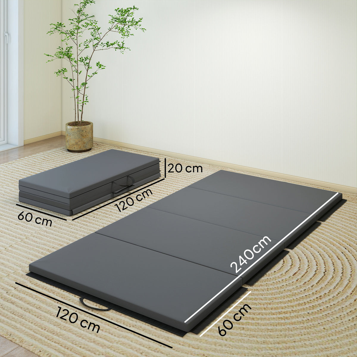 Tapis de gymnastique yoga pilates fitness pliable en 4 avec poignées revêtement synthétique 240 x 120 x 5 cm gris