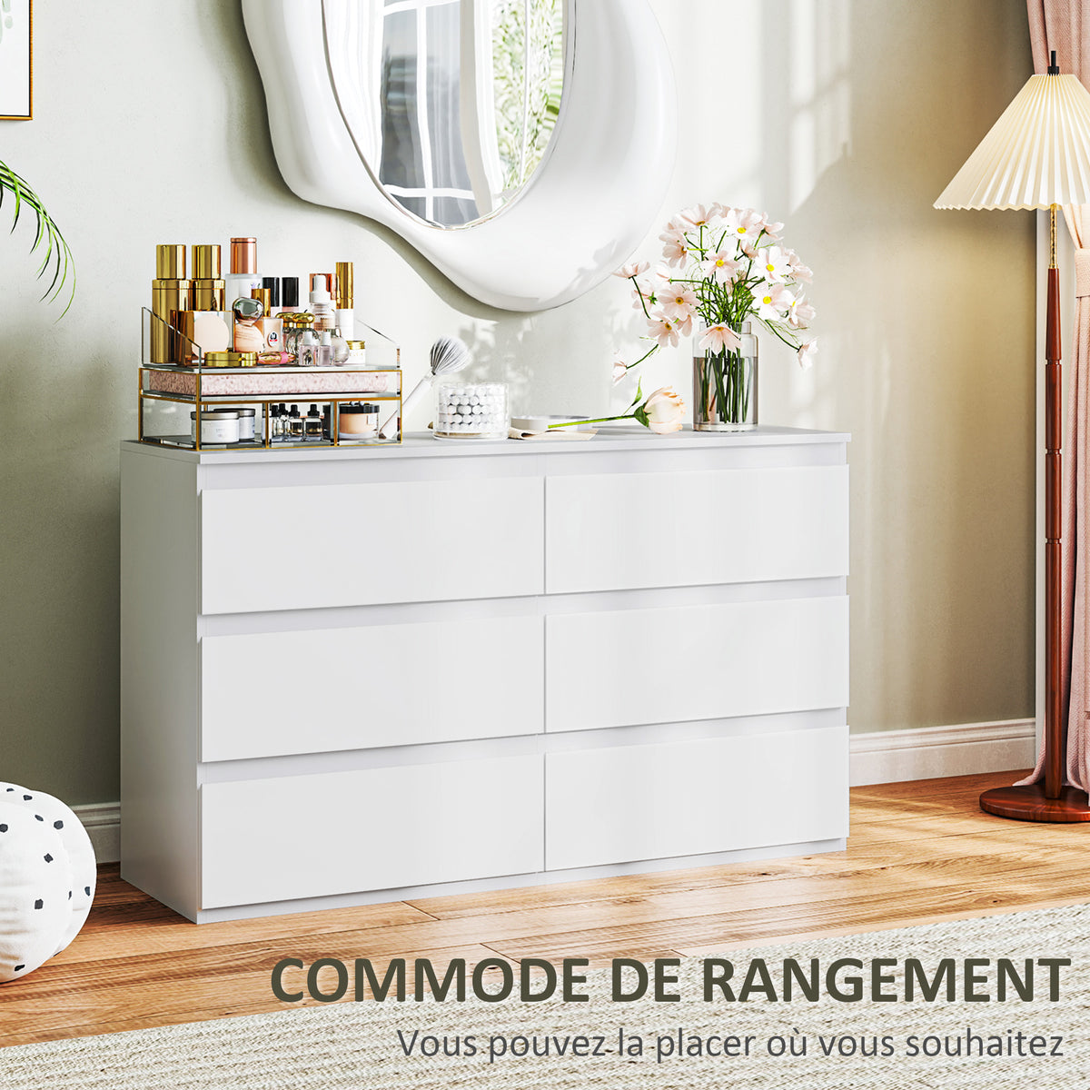 Commode 6 tiroirs meuble de rangement sans poignées design minimaliste 120 x 39 x 75 cm blanc