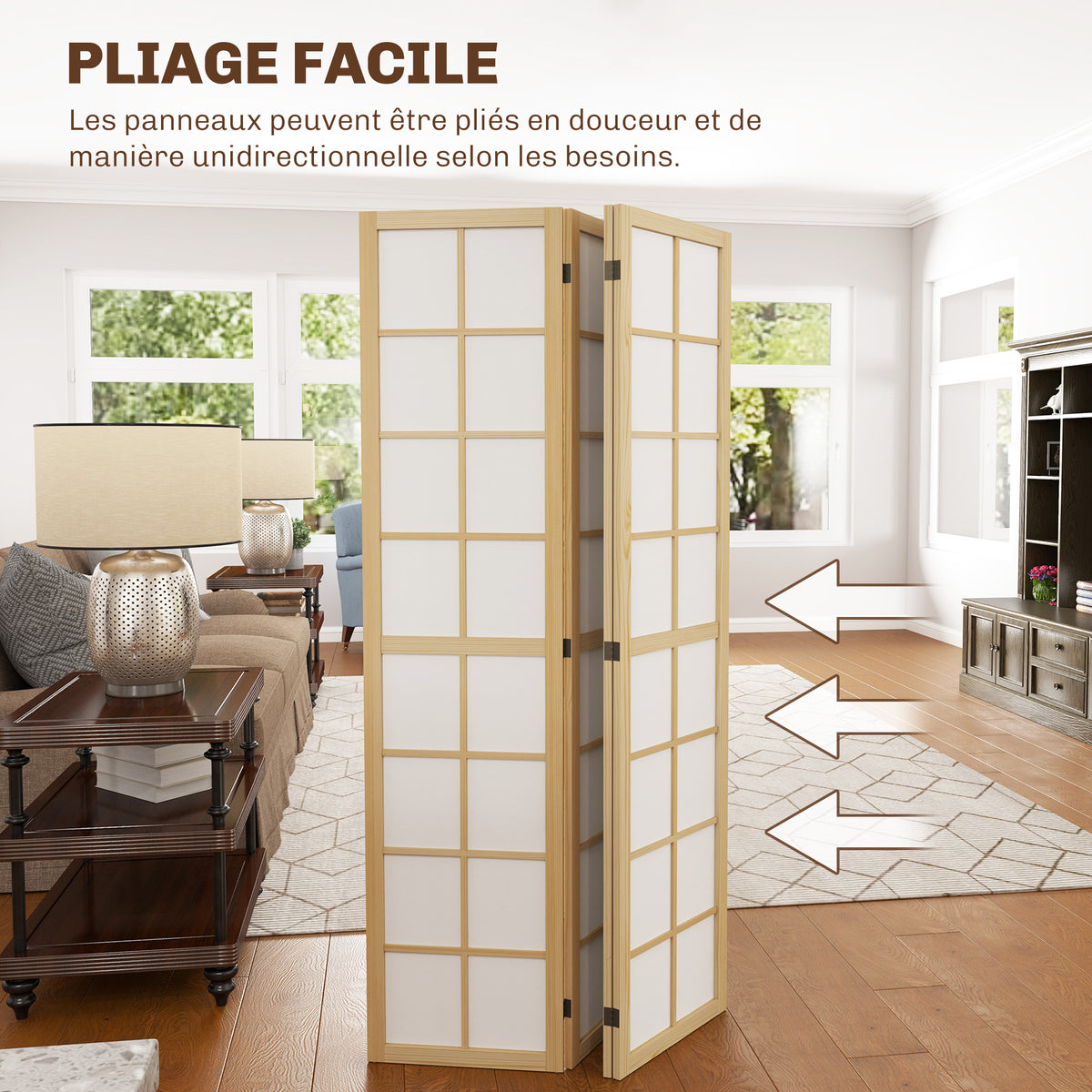 Paravent interieur pliable 4 panneaux 160 x 170 cm séparateur de pièce pour salon chambre à coucher maison, naturel
