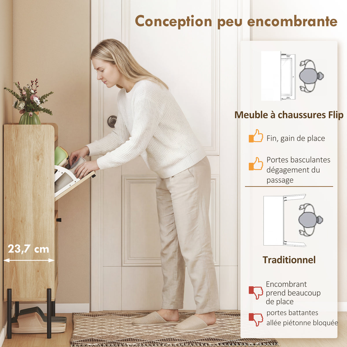 Meuble à chaussures 12 paires, armoire à chaussures, 2 tiroirs rabattables, portes en rotin et étagères réglables, chêne