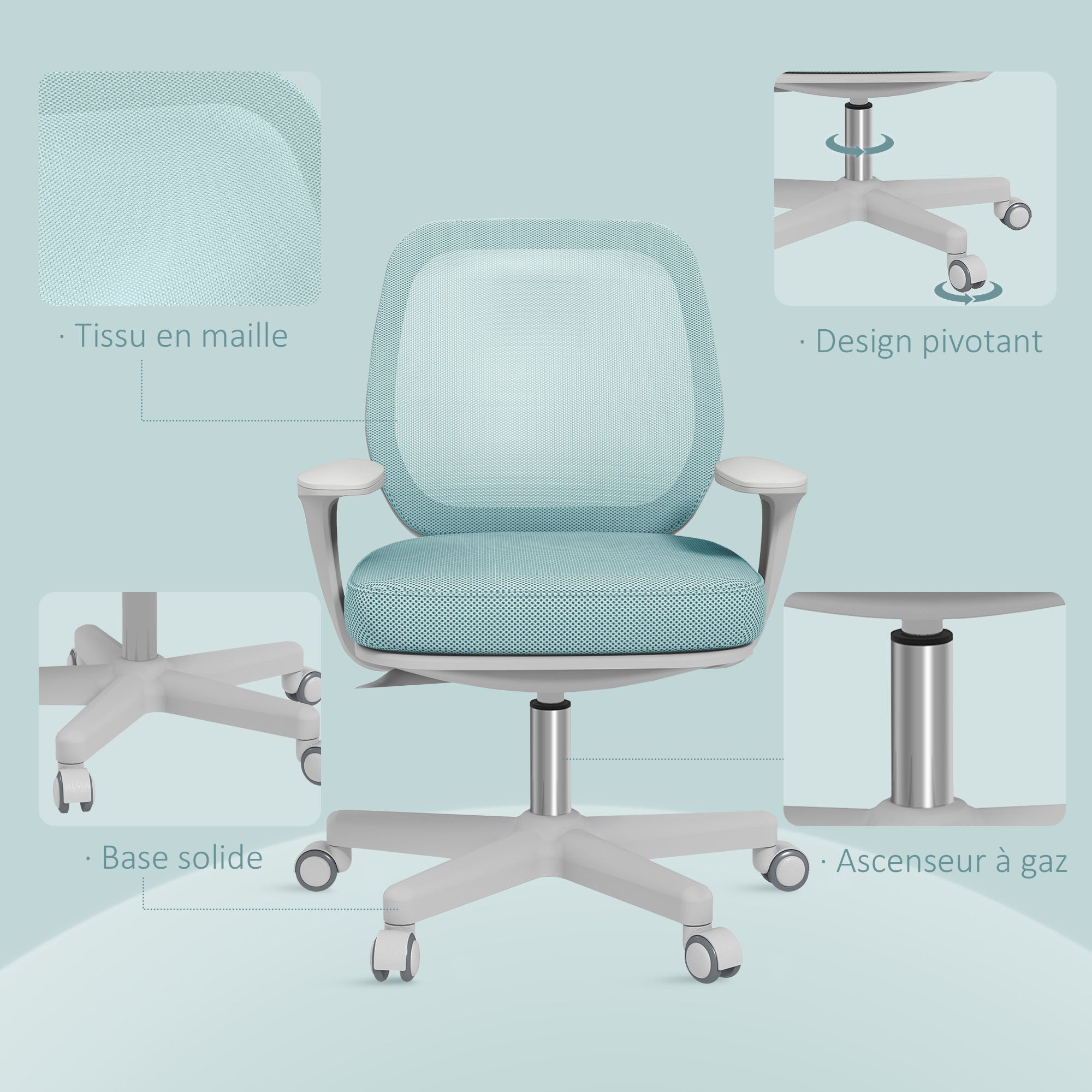 Fauteuil de bureau, chaise de bureau ergonomique en maille, hauteur réglable, 55x48x82,5-94,5cm, vert