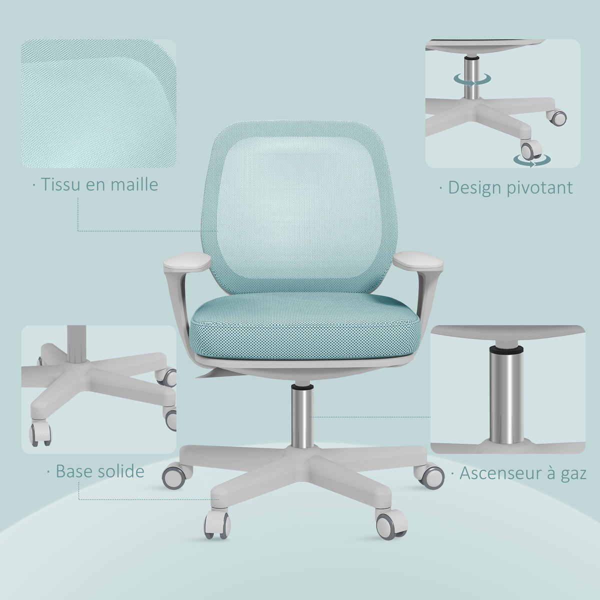 Fauteuil de bureau, chaise de bureau ergonomique en maille, hauteur réglable, 55x48x82,5-94,5cm, vert