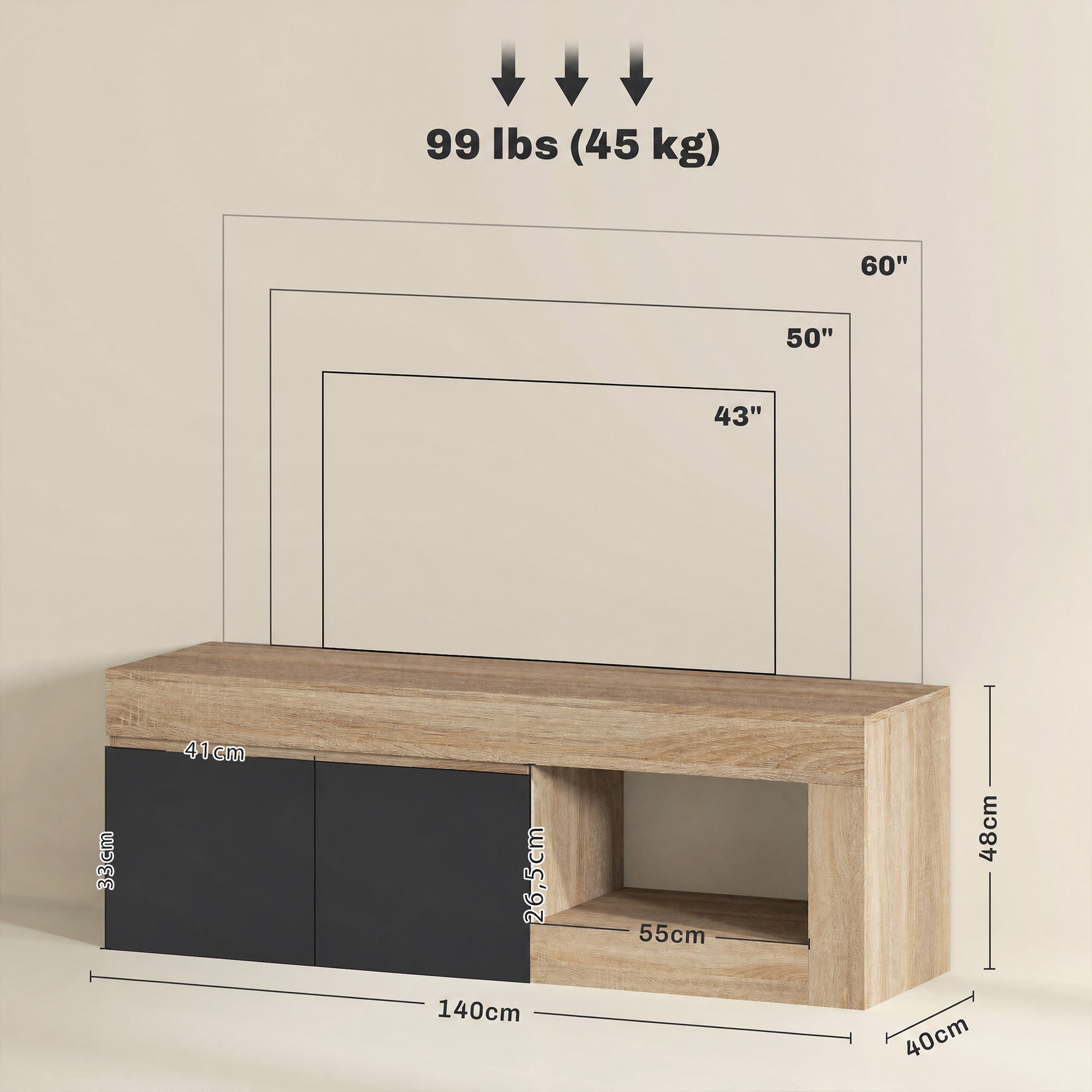 Meuble TV 2 portes pour téléviseurs jusqu'à 60 pouces, meuble télé avec placard et étagère ouverte, noir