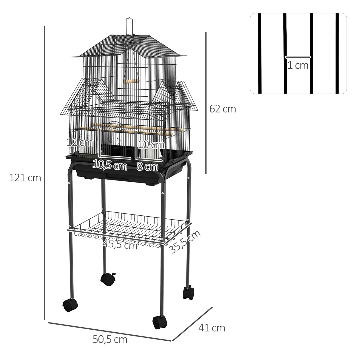 Cage à oiseaux design maison mangeoires perchoirs 3 portes plateau excrément amovible + poignée transport noir