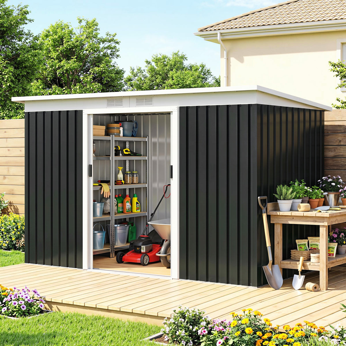 Abri de jardin en acier galvanisé XXL 3,6 m² avec kit de fondation 280 x 130 x 172 cm, cabane de jardin cabanon rangement outils avec portes coulissantes verrouillables aérations, noir