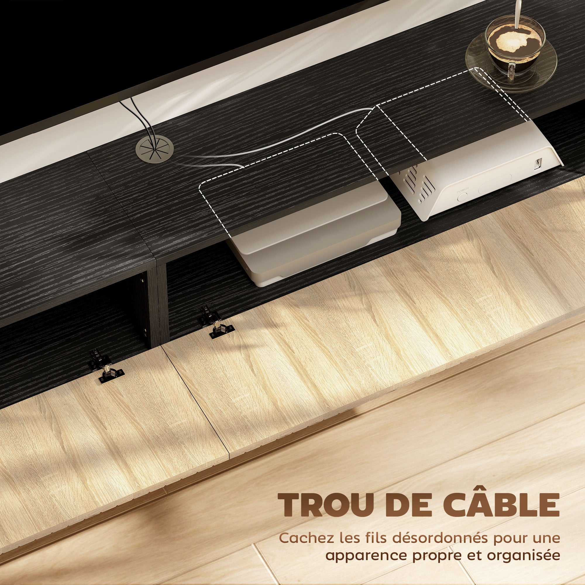 Meuble TV suspendu 140cm, meuble télé pour téléviseur 72 pouces, 2 portes rabattables, 140x25x22cm, bois naturel et noir