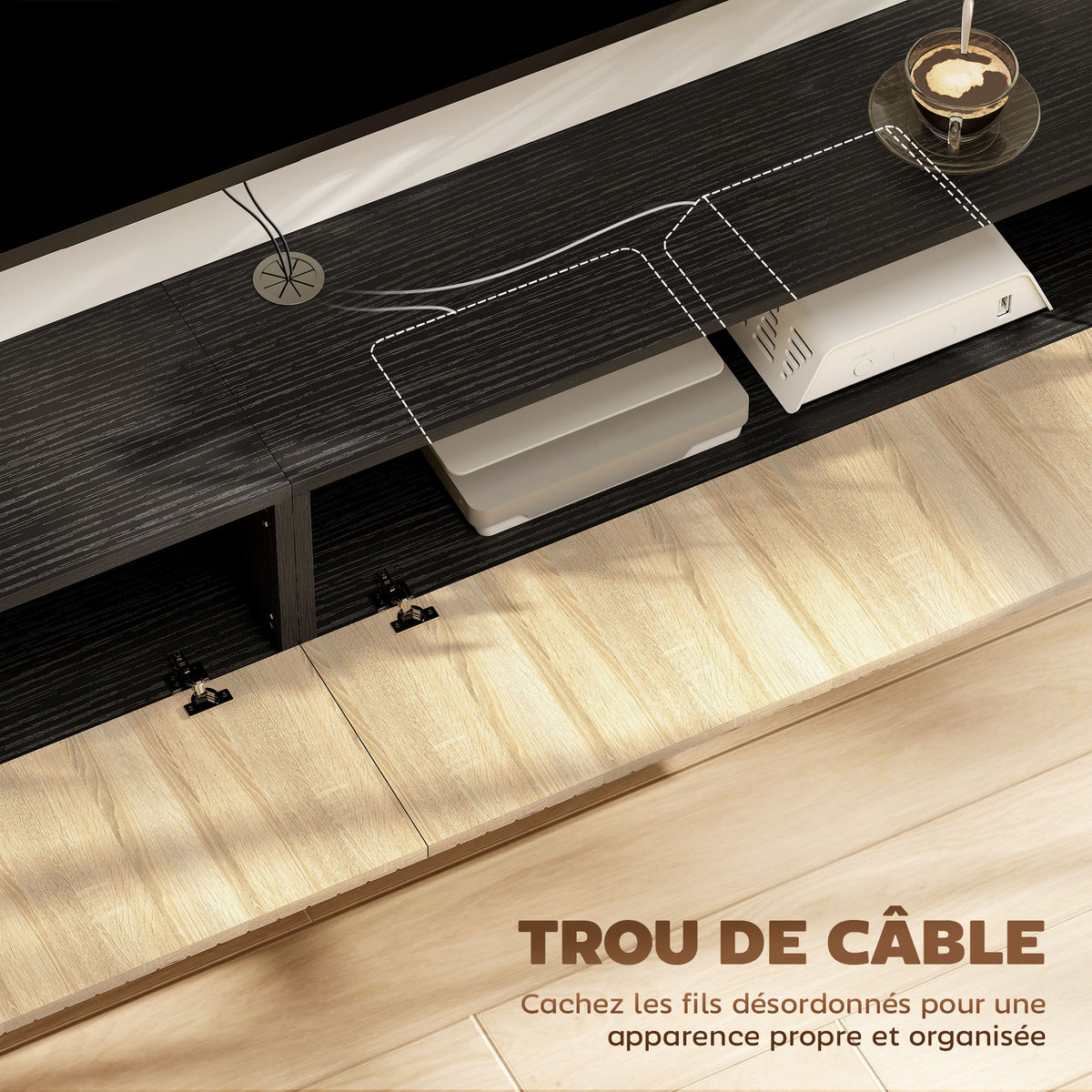 Meuble TV suspendu 140cm, meuble télé pour téléviseur 72 pouces, 2 portes rabattables, 140x25x22cm, bois naturel et noir