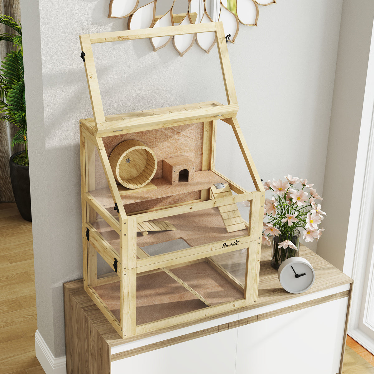 Cage Hamster Rongeur à 3 Niveaux, Fond Amovible, Cabane, Balançoire, 60x40x75cm, Finition Bois Naturel