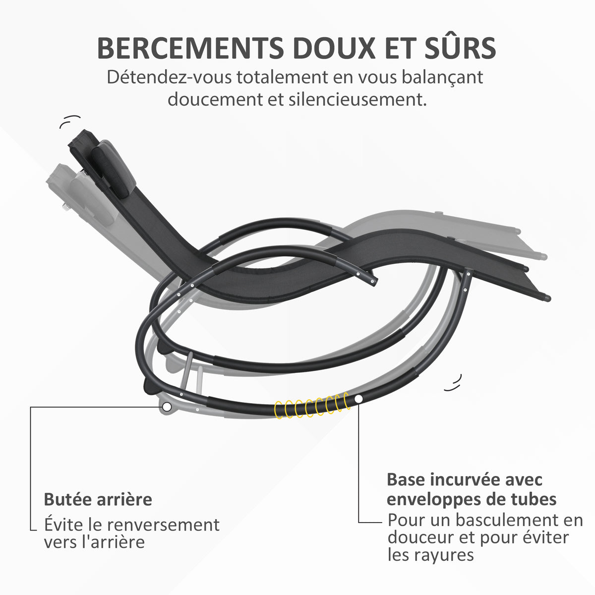 Chaise longue à bascule avec tétière utilisation extérieure intérieure noir