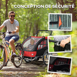 Remorque vélo enfant 2 en 1 avec ceinture de sécurité 5 points, réflecteurs, drapeau et rideau coupe-vent, rouge