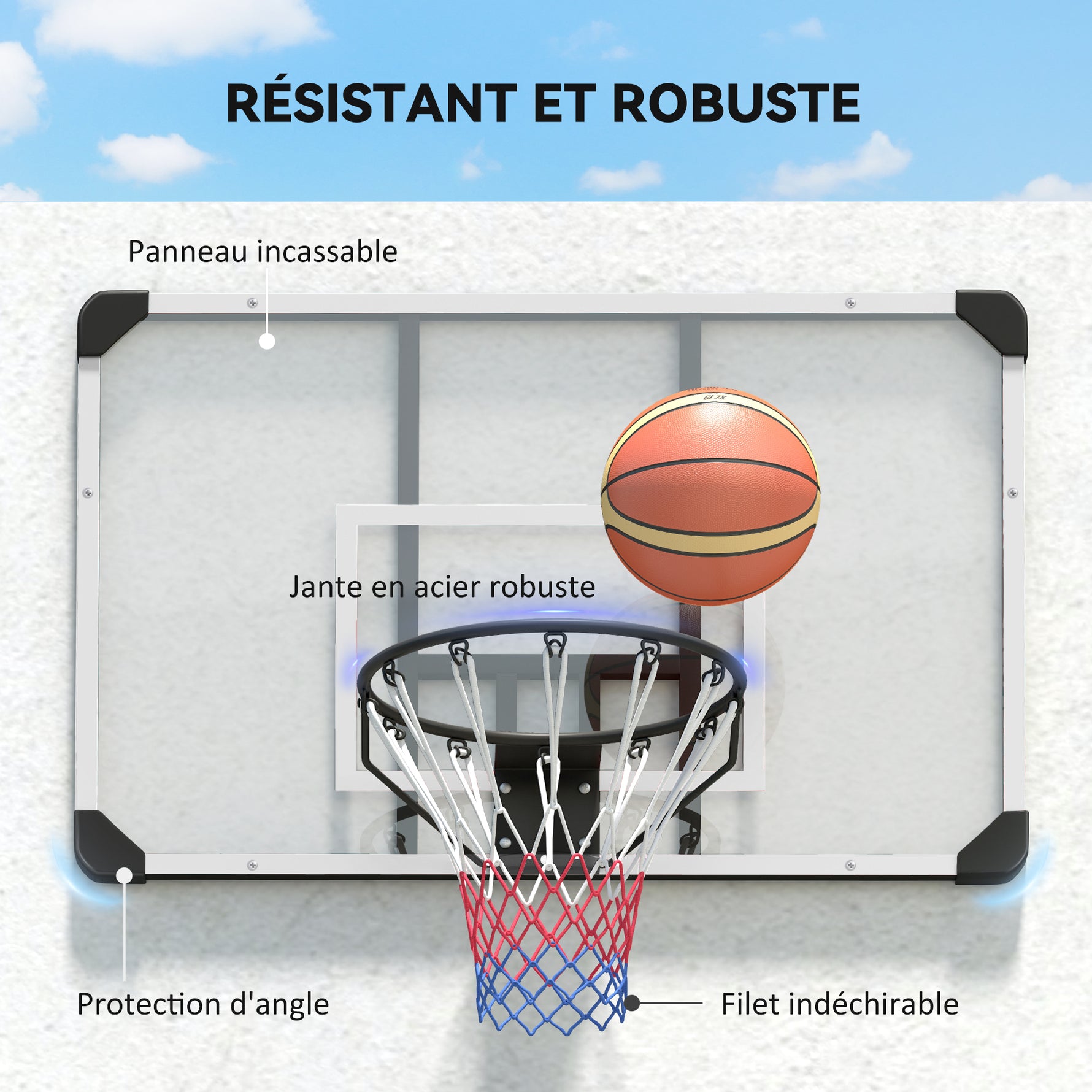 Panier de basketball mural avec panier spécial filet toutes saisons pour l'intérieur et l'extérieur 113x61x73cm blanc
