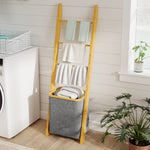 Bamboo towel rack with laundry basket, towel ladder with 1 laundry basket, 43 x 35 x 133 cm, gray