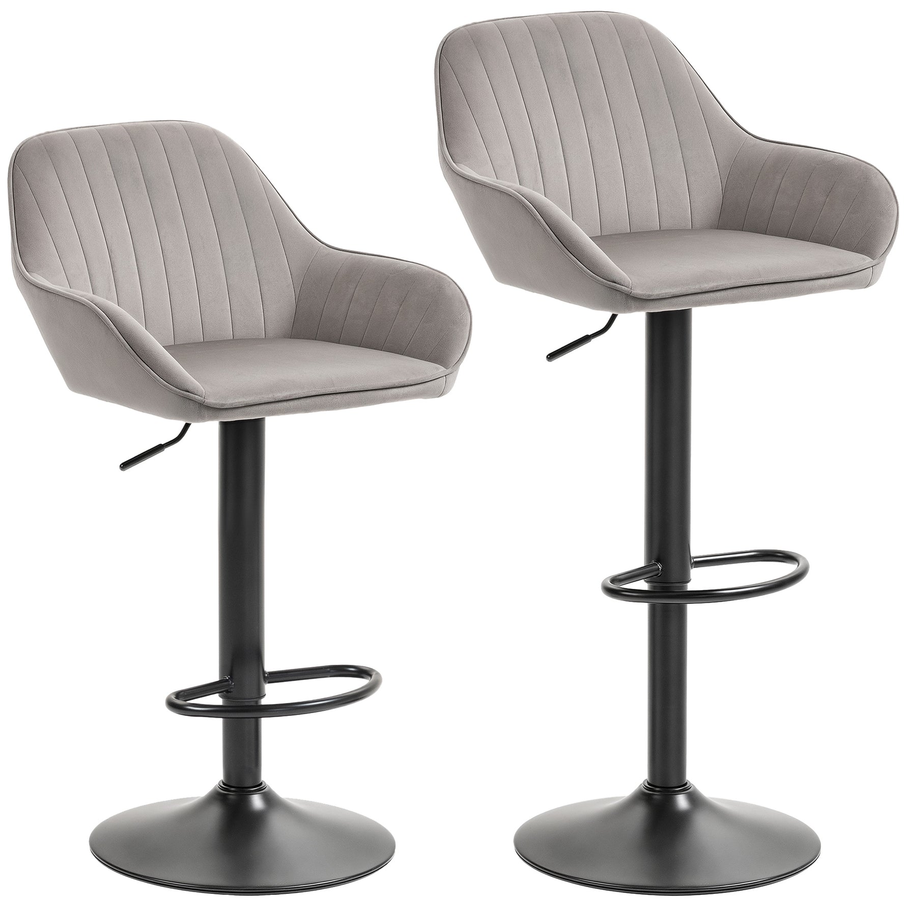 Lot de 2 tabourets de bar, chaises de bar en velours avec dossier, repose-pieds, hauteur réglable et pivotante gris