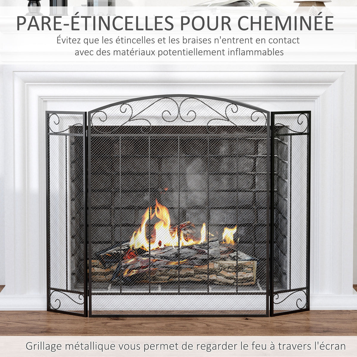 Grille de Protection pour cheminée - Pare-feu Large pour cheminée ou poêle - Pare-étincelles - barrière de sécurité - 3 Volets Pliables - Acier métal Noir