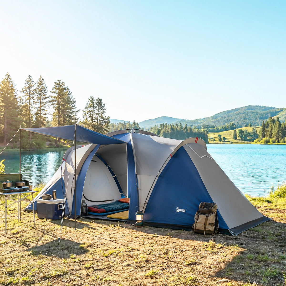 Tente de Camping Double Couche Tunnel Familiale 4-5 Personnes 2 Chambres et Séjour pour 12 Personnes Bleu